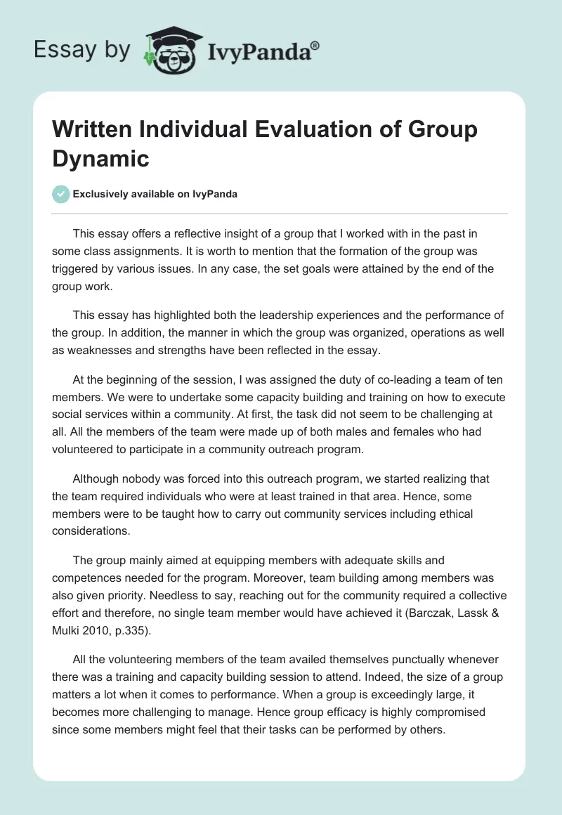 Written Individual Evaluation of Group Dynamic. Page 1