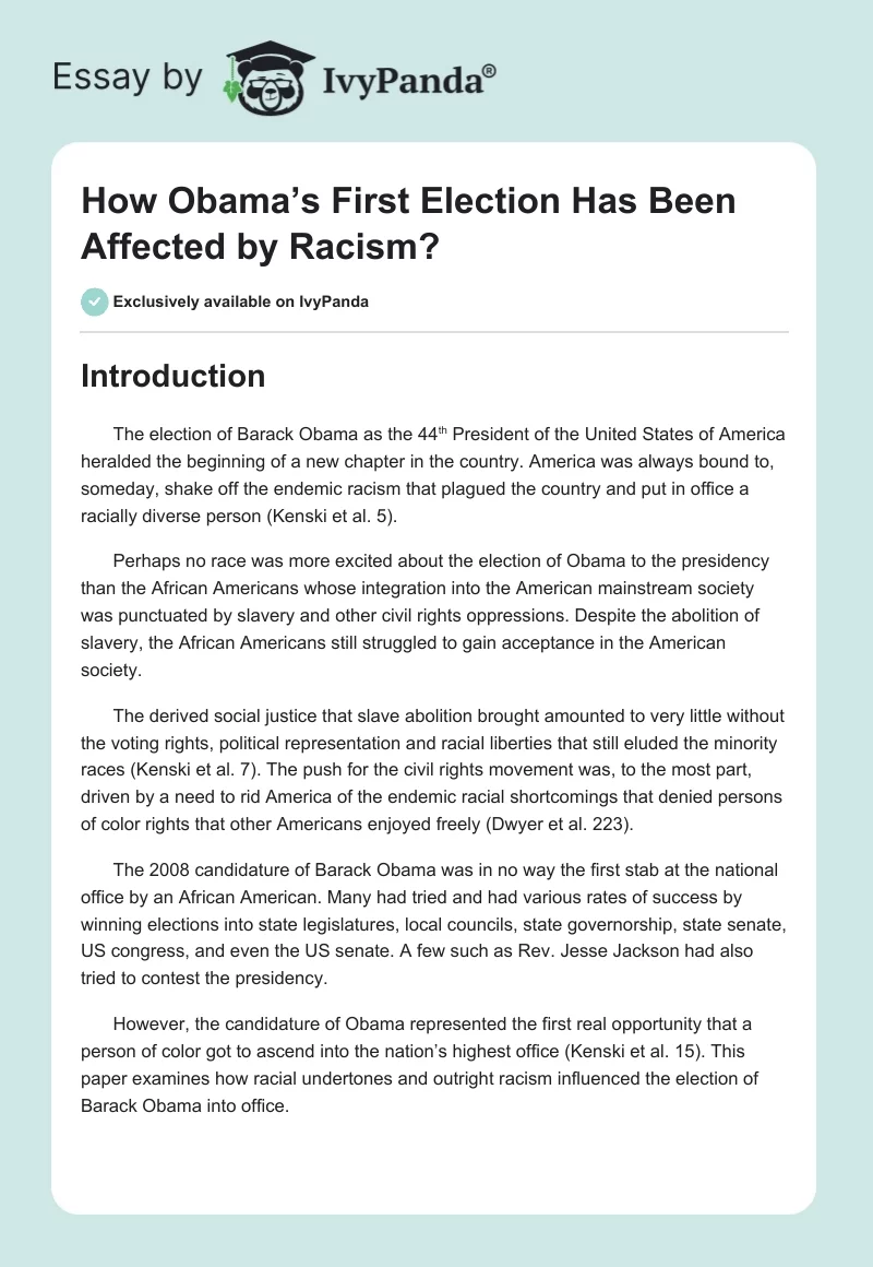 How Obama’s First Election Has Been Affected by Racism?. Page 1