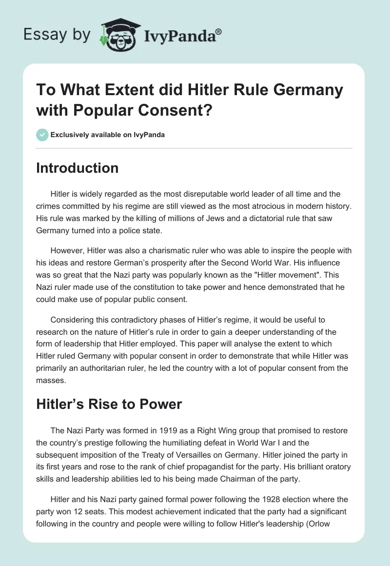 To What Extent did Hitler Rule Germany with Popular Consent?. Page 1