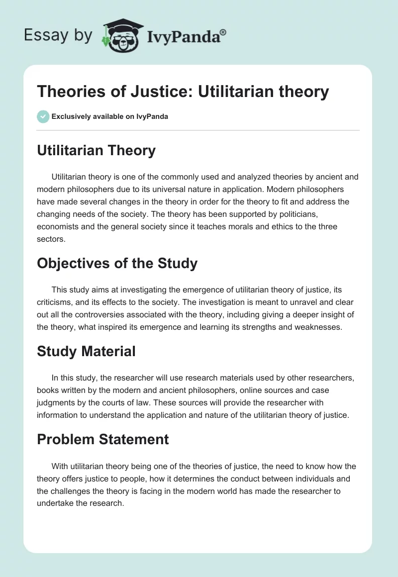 Theories of Justice: Utilitarian theory. Page 1