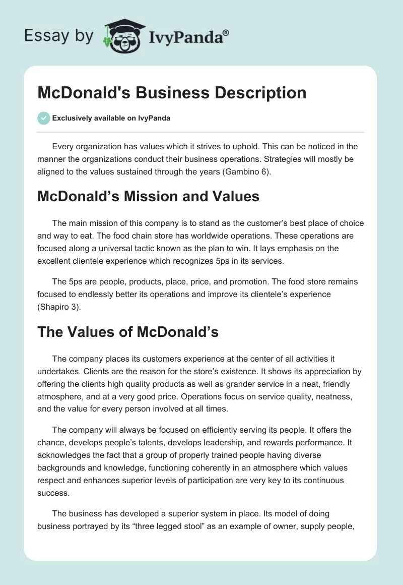 McDonald's Business Description. Page 1