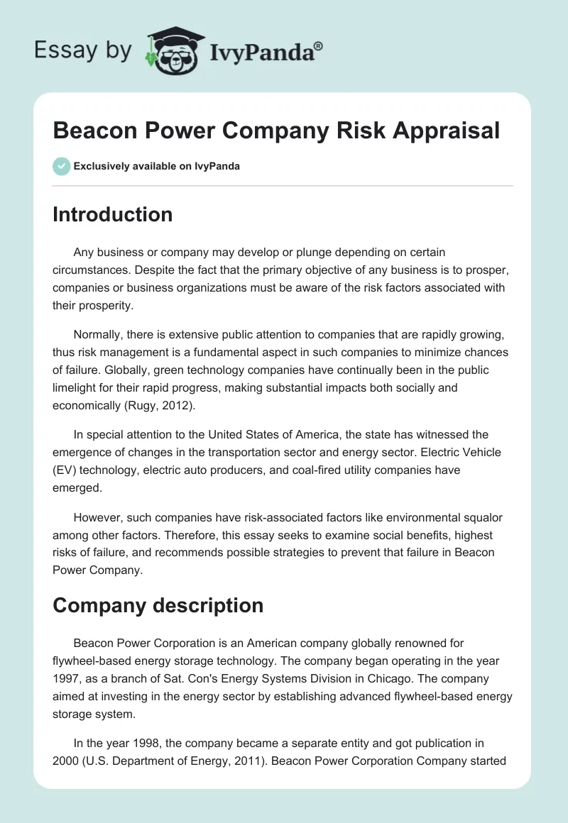 Beacon Power Company Risk Appraisal. Page 1
