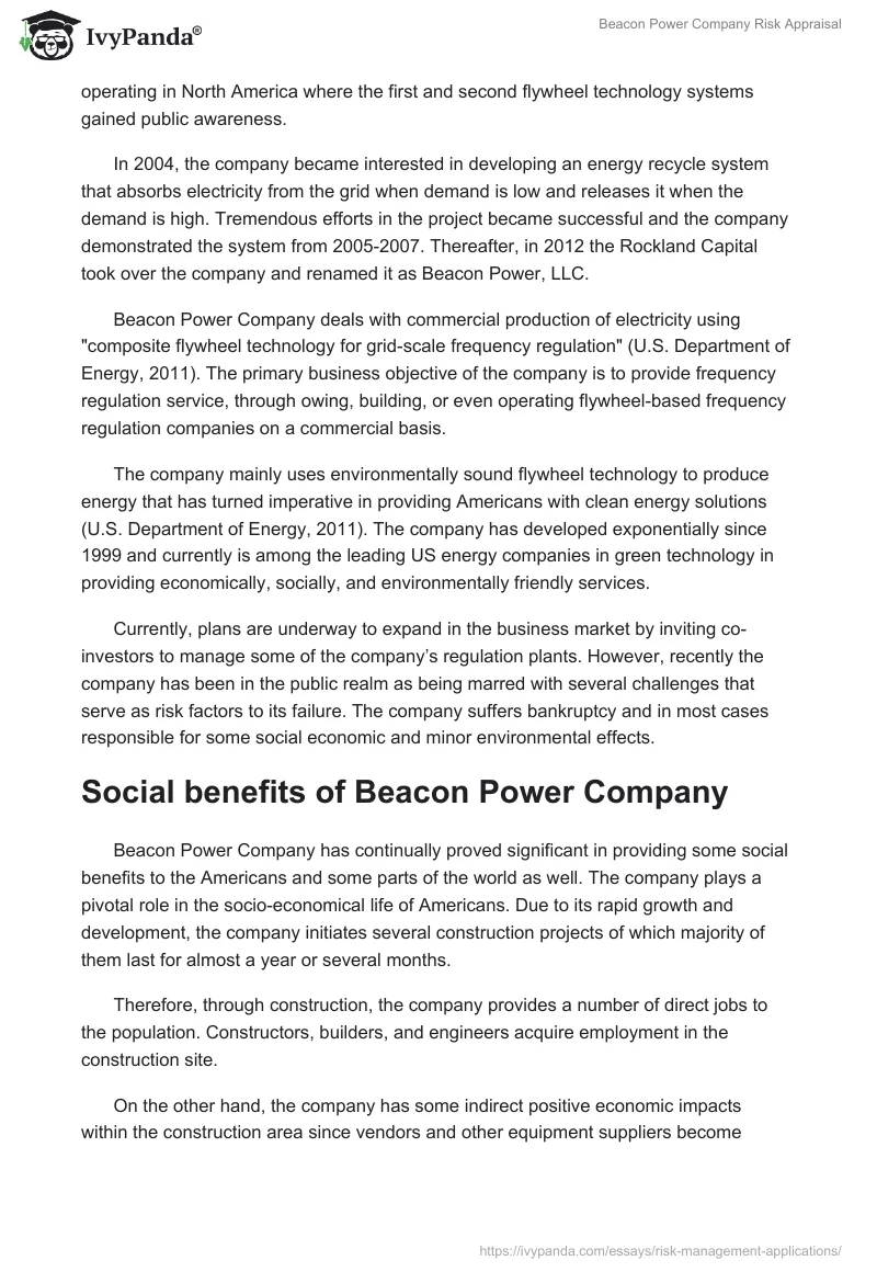 Beacon Power Company Risk Appraisal. Page 2
