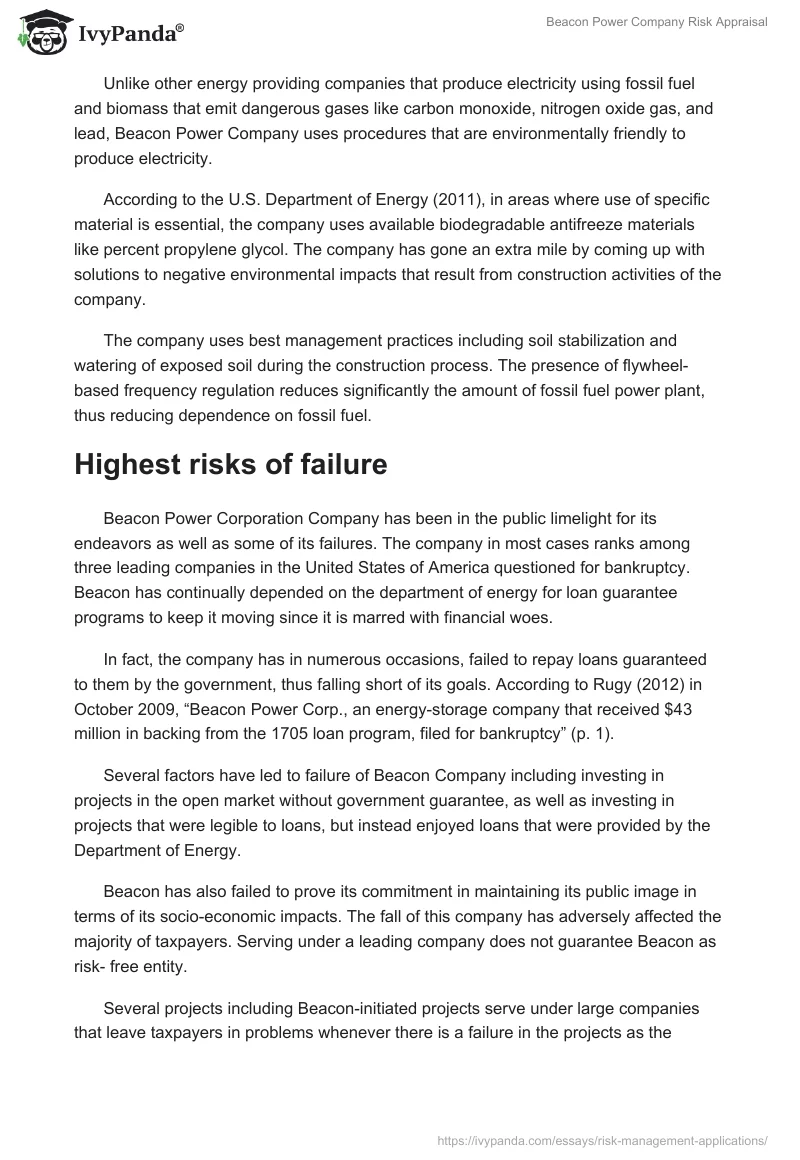 Beacon Power Company Risk Appraisal. Page 4
