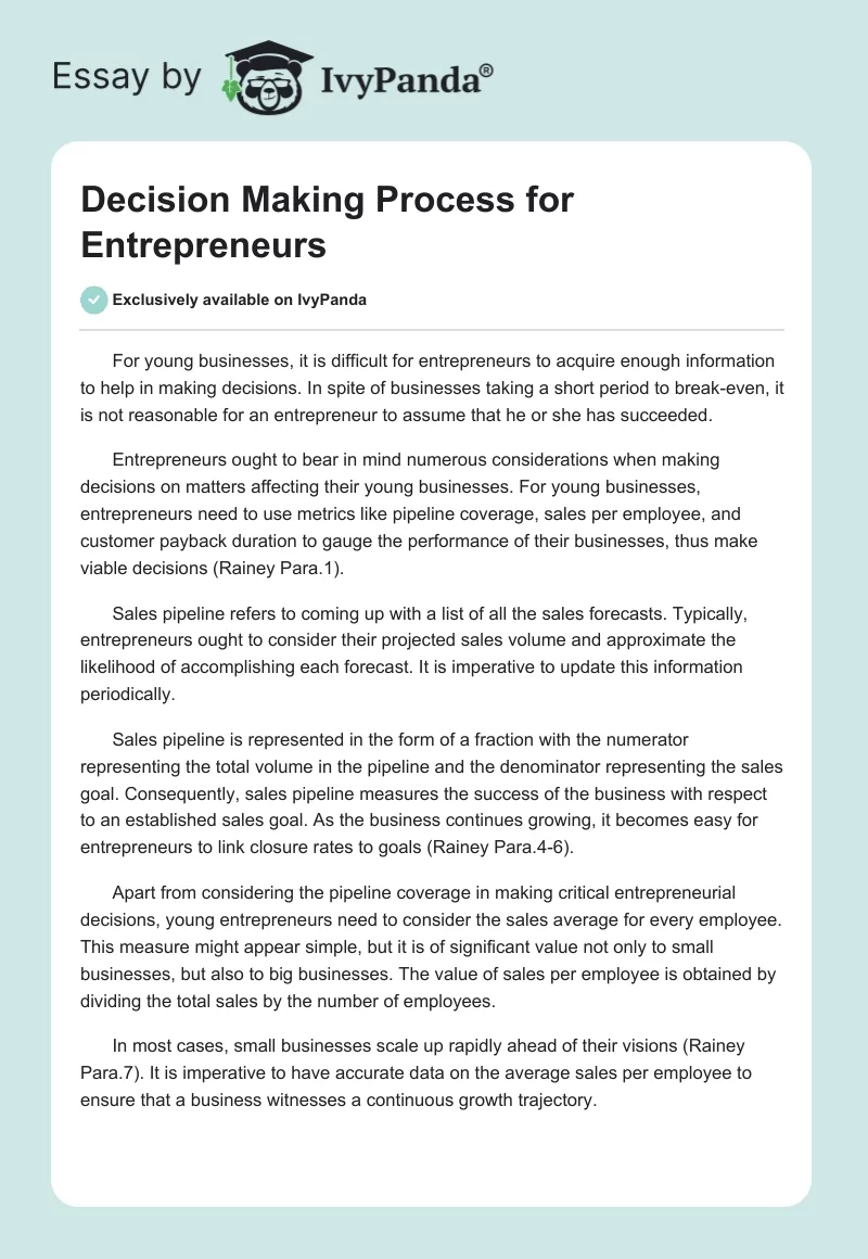 Decision Making Process for Entrepreneurs. Page 1