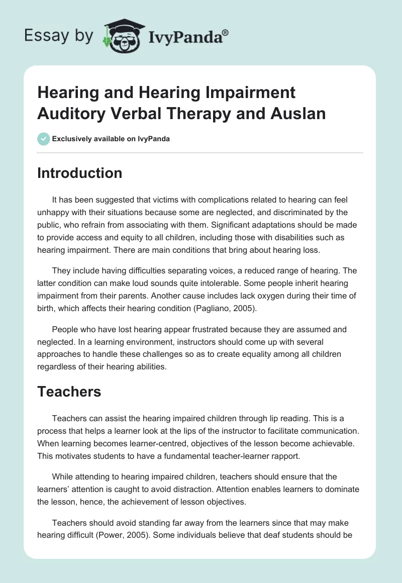 Hearing and Hearing Impairment Auditory Verbal Therapy and Auslan. Page 1