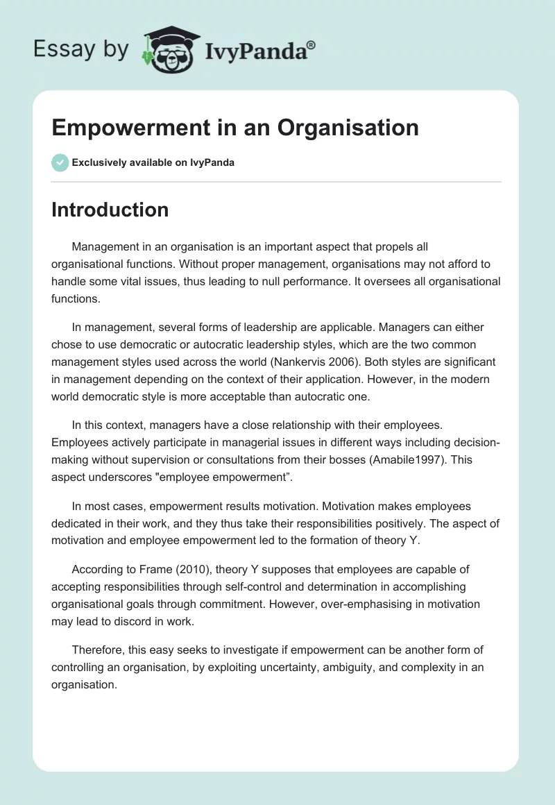 Empowerment in an Organisation. Page 1