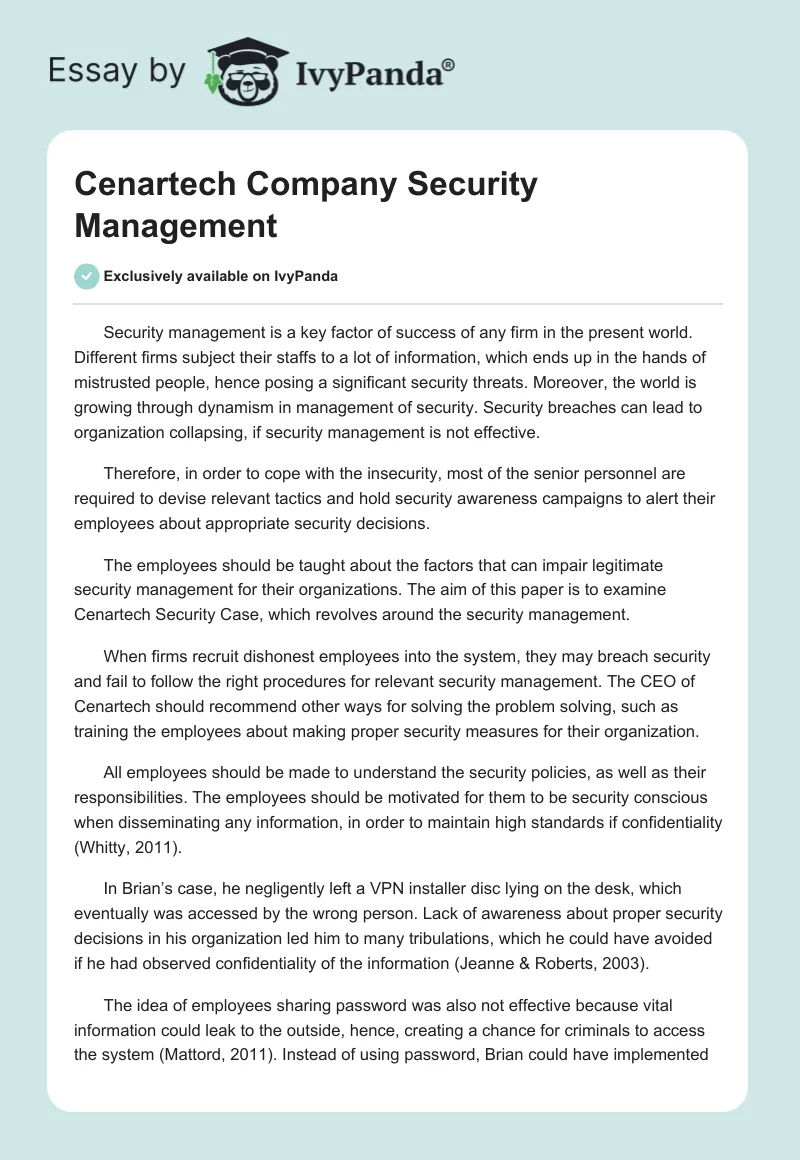 Cenartech Company Security Management. Page 1