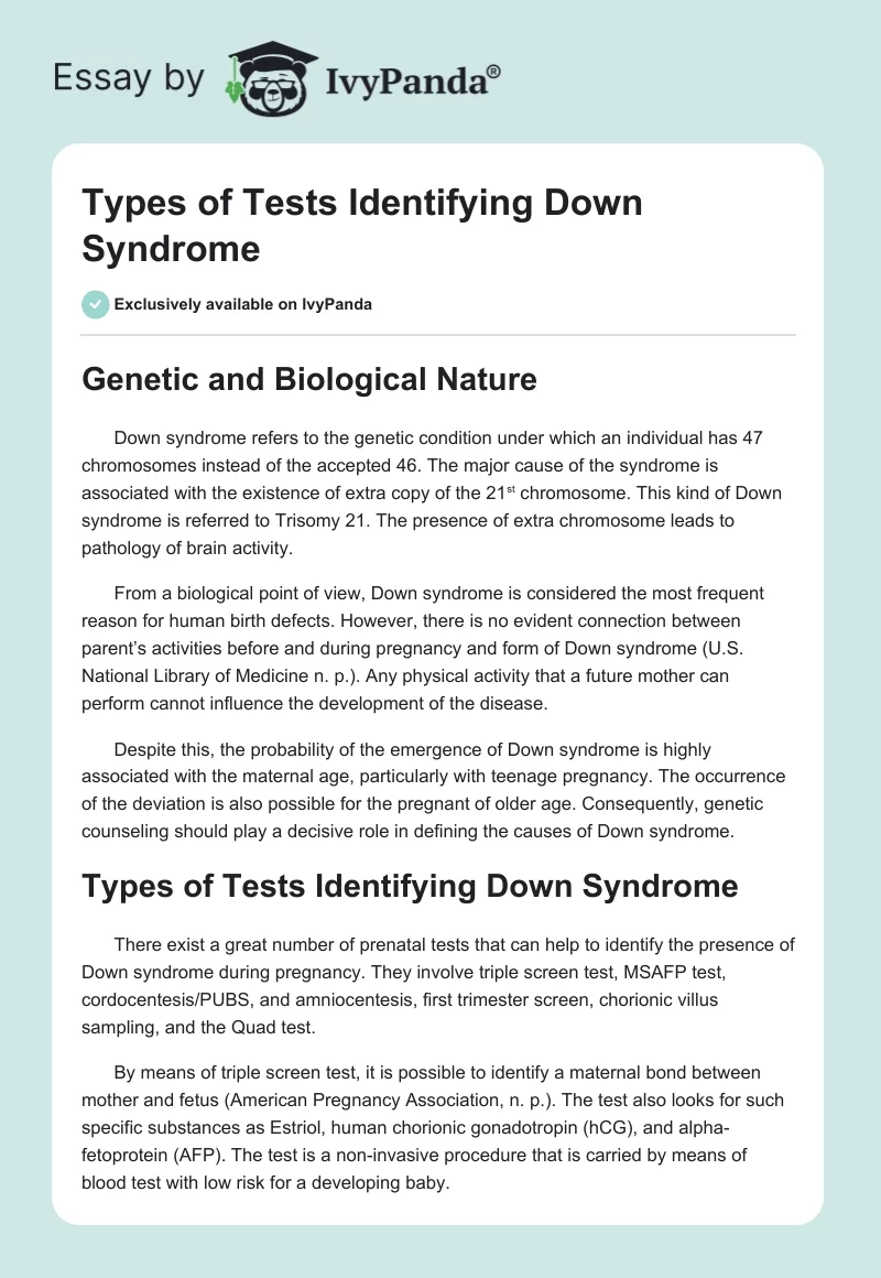 Types of Tests Identifying Down Syndrome. Page 1