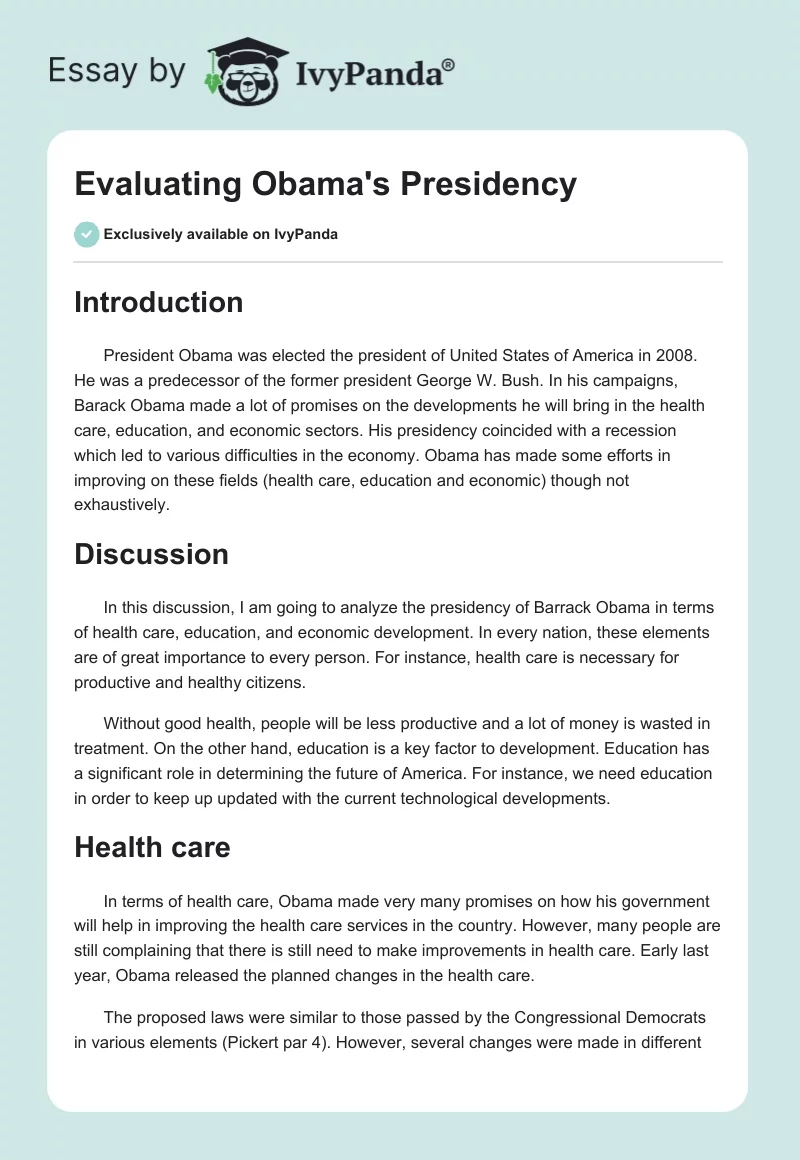 Evaluating Obama's Presidency. Page 1