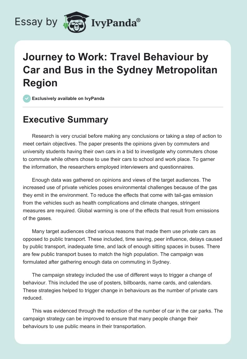 Journey to Work: Travel Behaviour by Car and Bus in the Sydney Metropolitan Region. Page 1