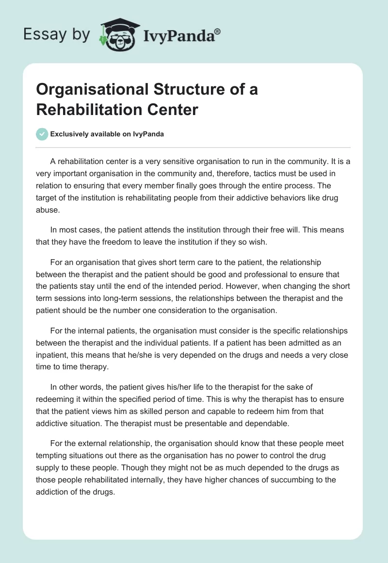 Organisational Structure of a Rehabilitation Center. Page 1