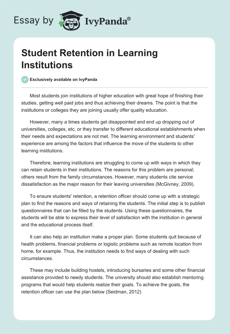 Student Retention in Learning Institutions. Page 1