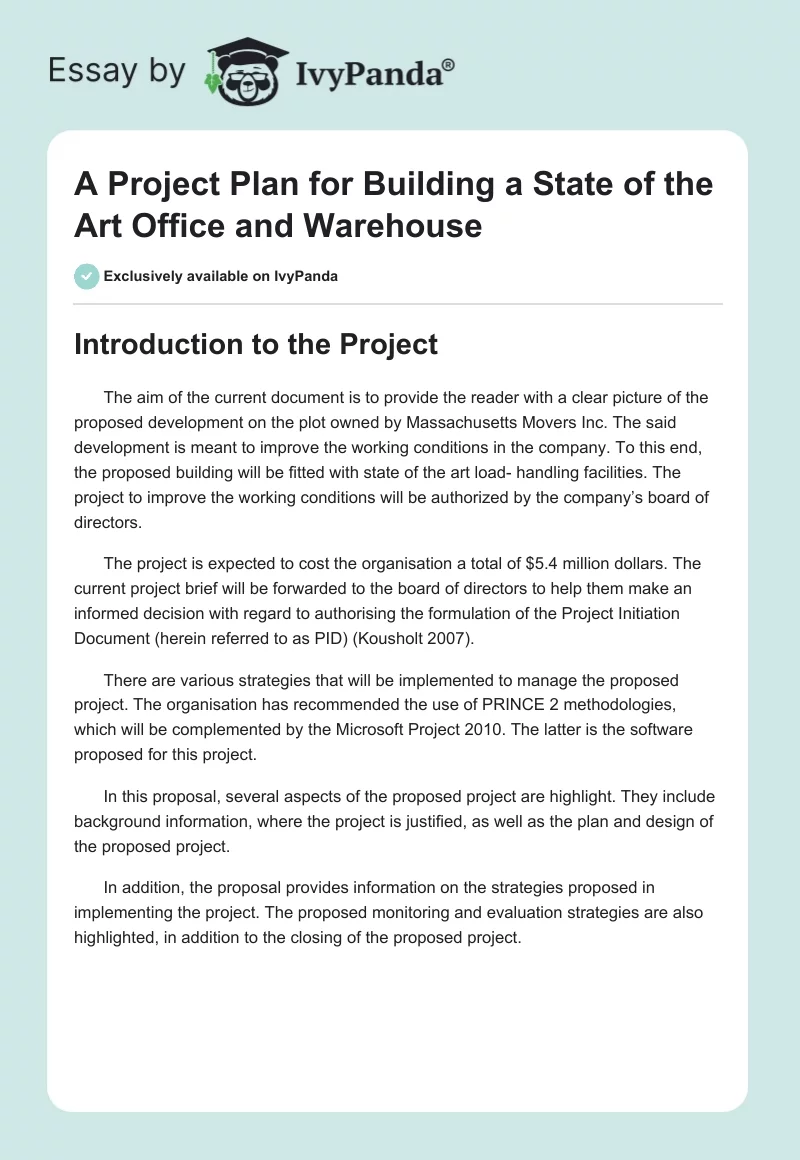 A Project Plan for Building a State of the Art Office and Warehouse. Page 1