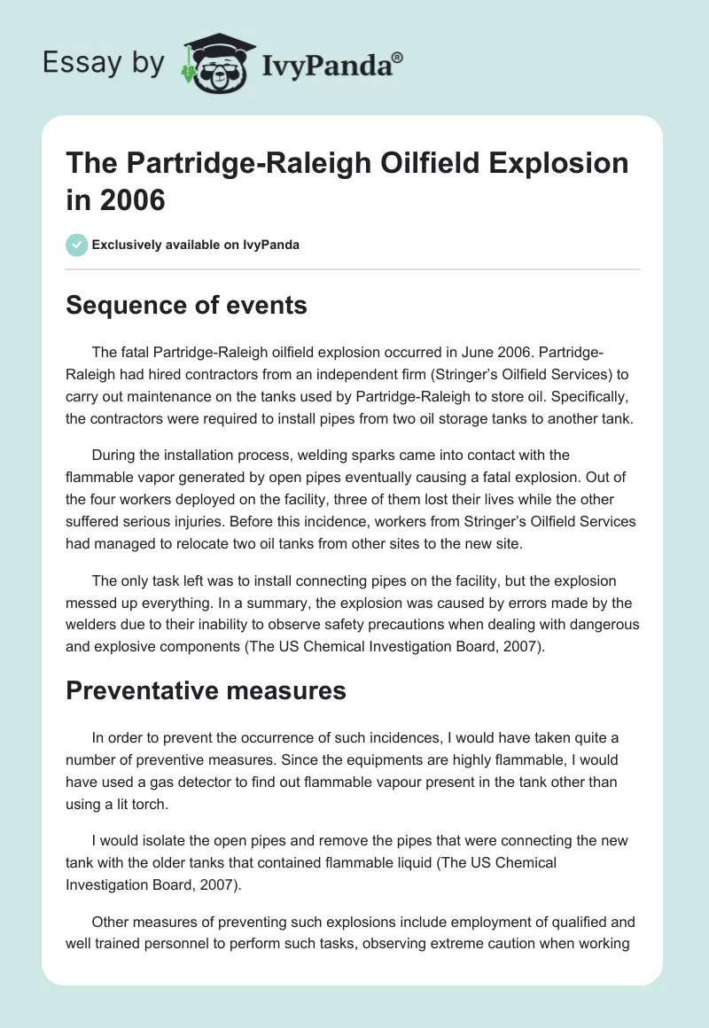 The Partridge-Raleigh Oilfield Explosion in 2006. Page 1