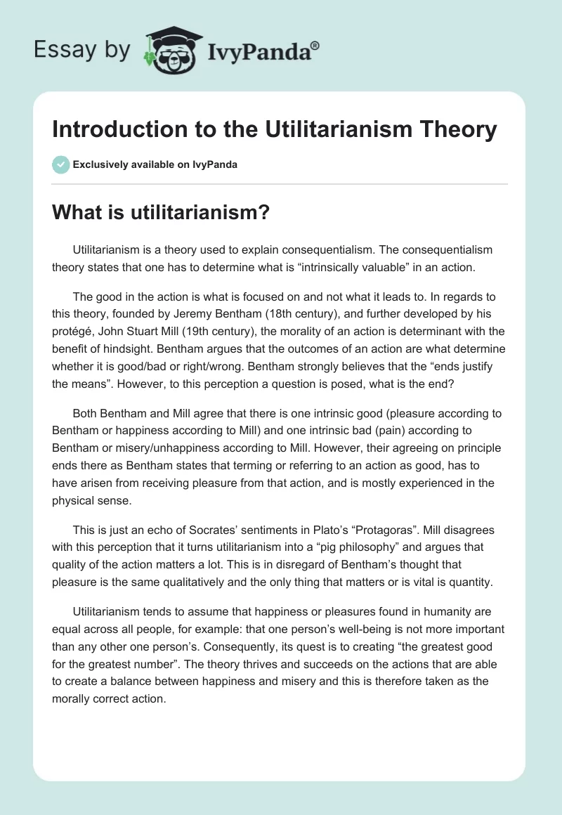 Introduction to the Utilitarianism Theory. Page 1