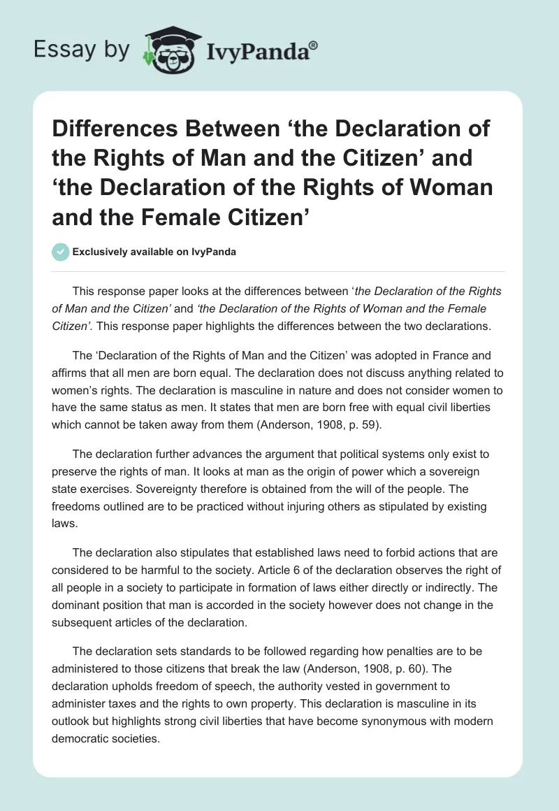 Differences Between ‘the Declaration of the Rights of Man and the Citizen’ and ‘the Declaration of the Rights of Woman and the Female Citizen’. Page 1