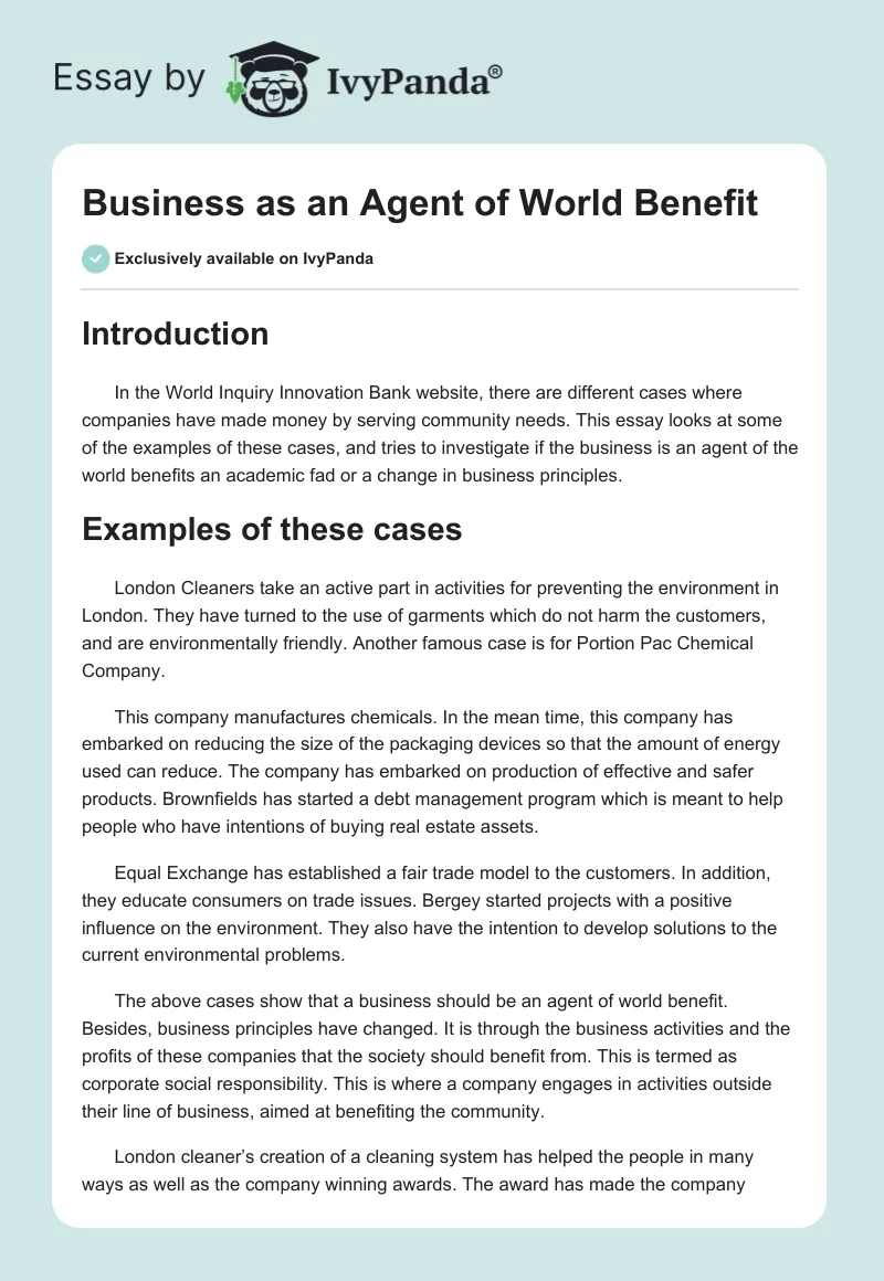 Business as an Agent of World Benefit. Page 1