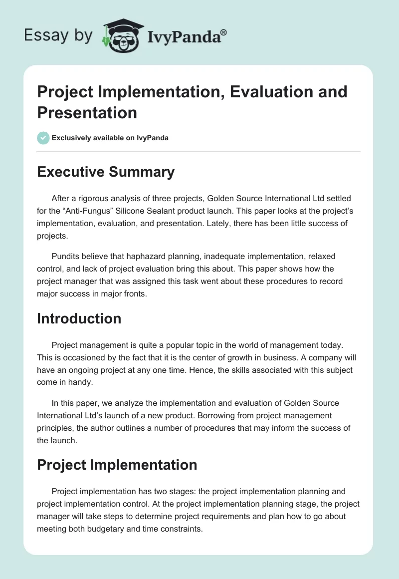 Project Implementation, Evaluation and Presentation. Page 1
