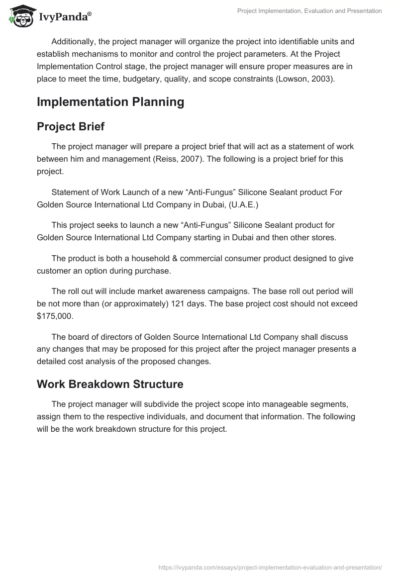Project Implementation, Evaluation and Presentation. Page 2