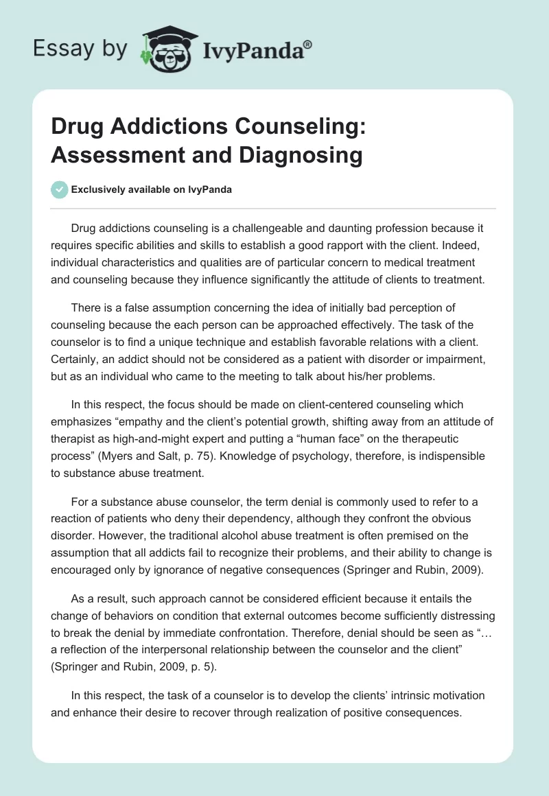 Drug Addictions Counseling: Assessment and Diagnosing. Page 1