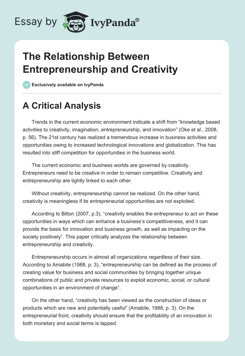 The Relationship Between Entrepreneurship and Creativity. Page 1