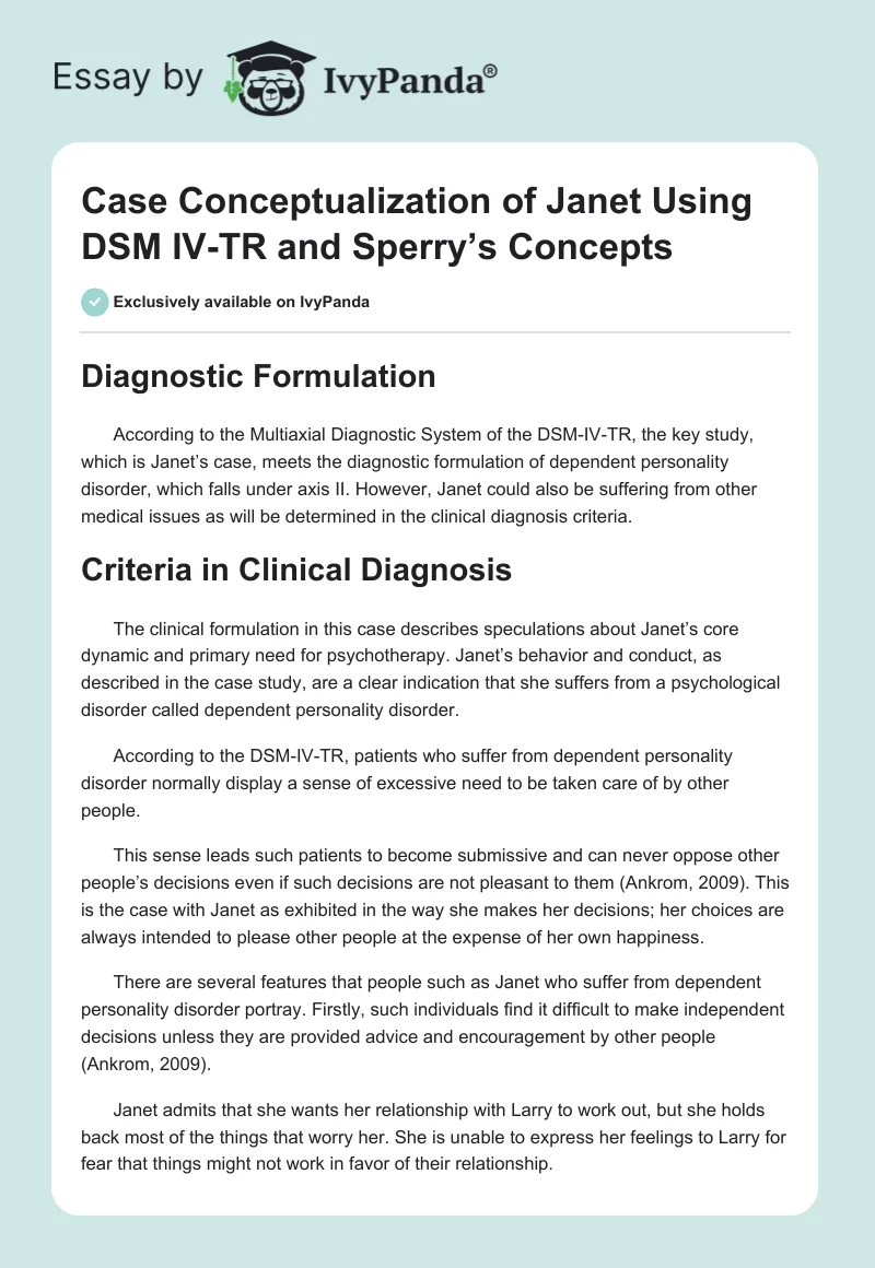 Case Conceptualization of Janet Using DSM IV-TR and Sperry’s Concepts. Page 1