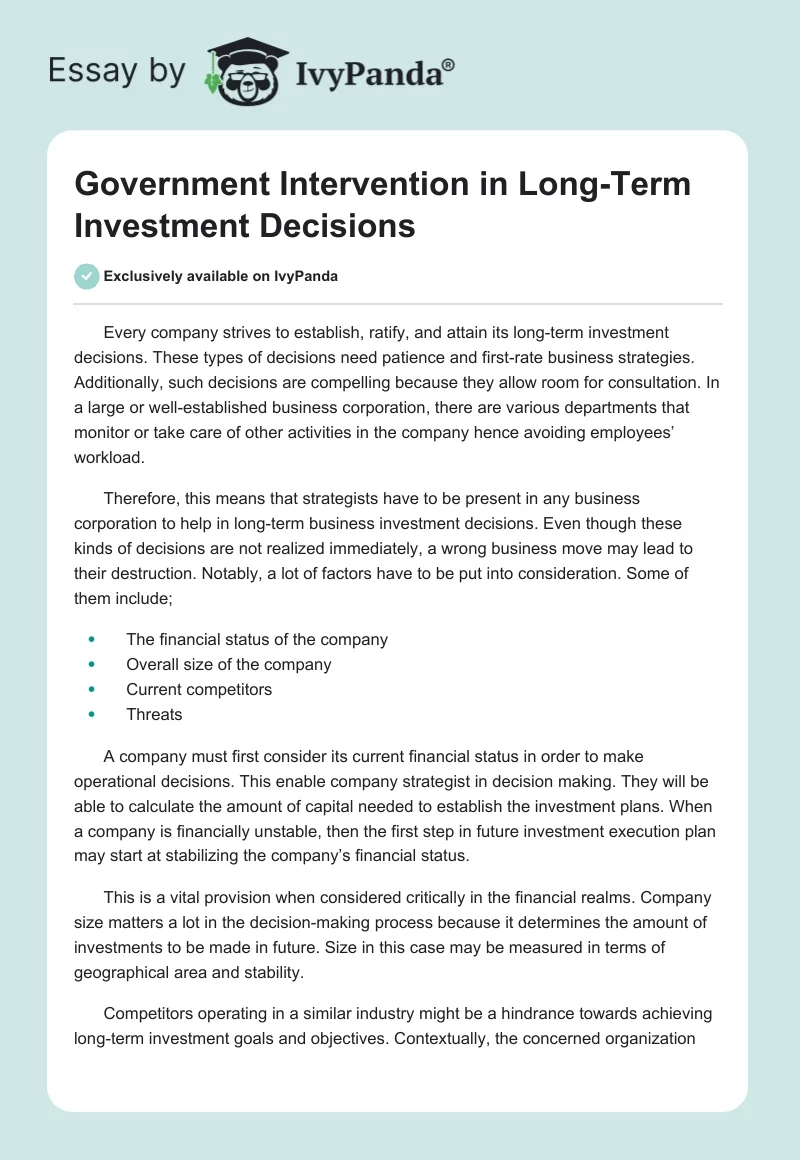 Government Intervention in Long-Term Investment Decisions. Page 1
