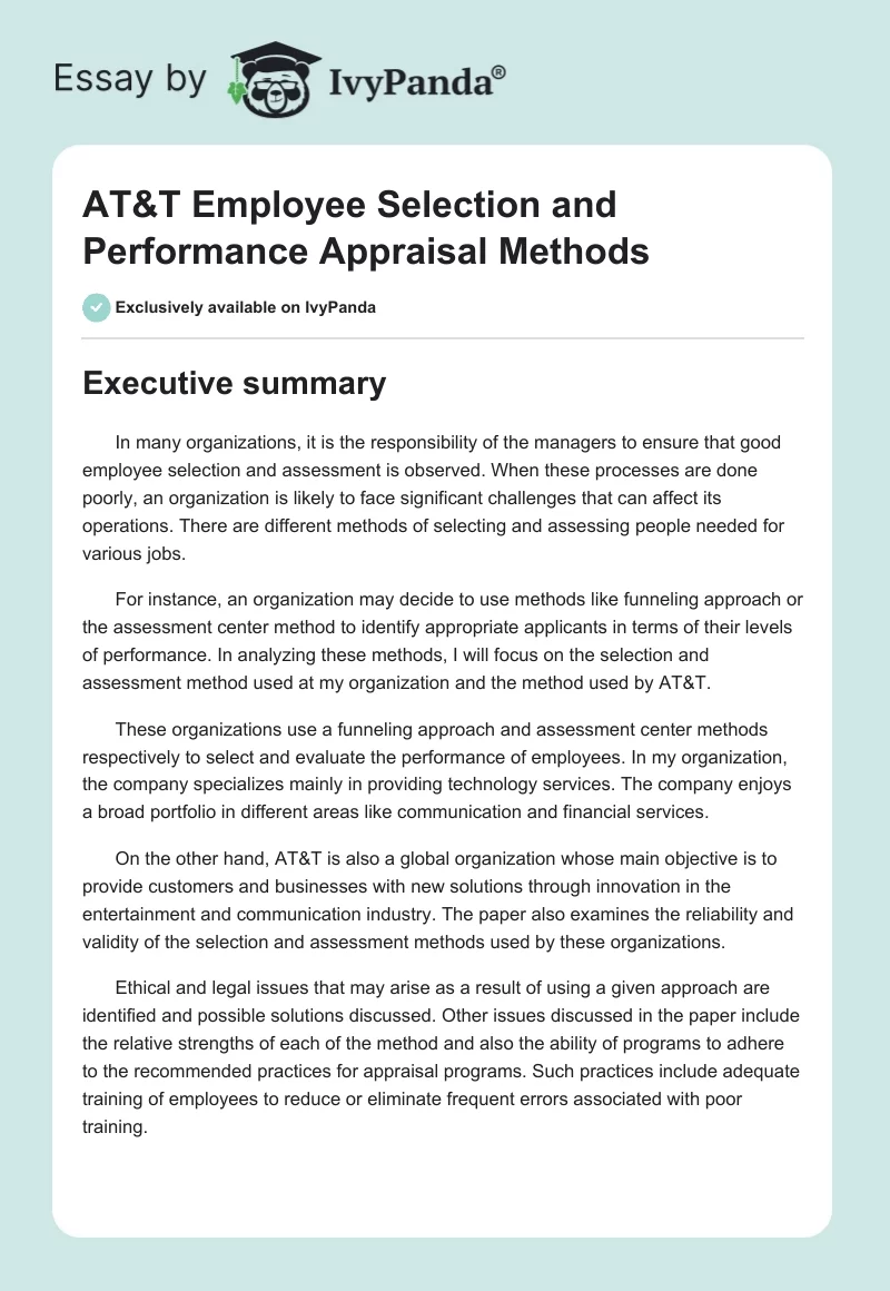AT&T Employee Selection and Performance Appraisal Methods. Page 1