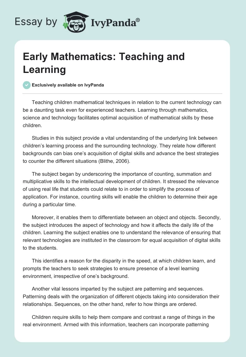 Early Mathematics: Teaching and Learning. Page 1