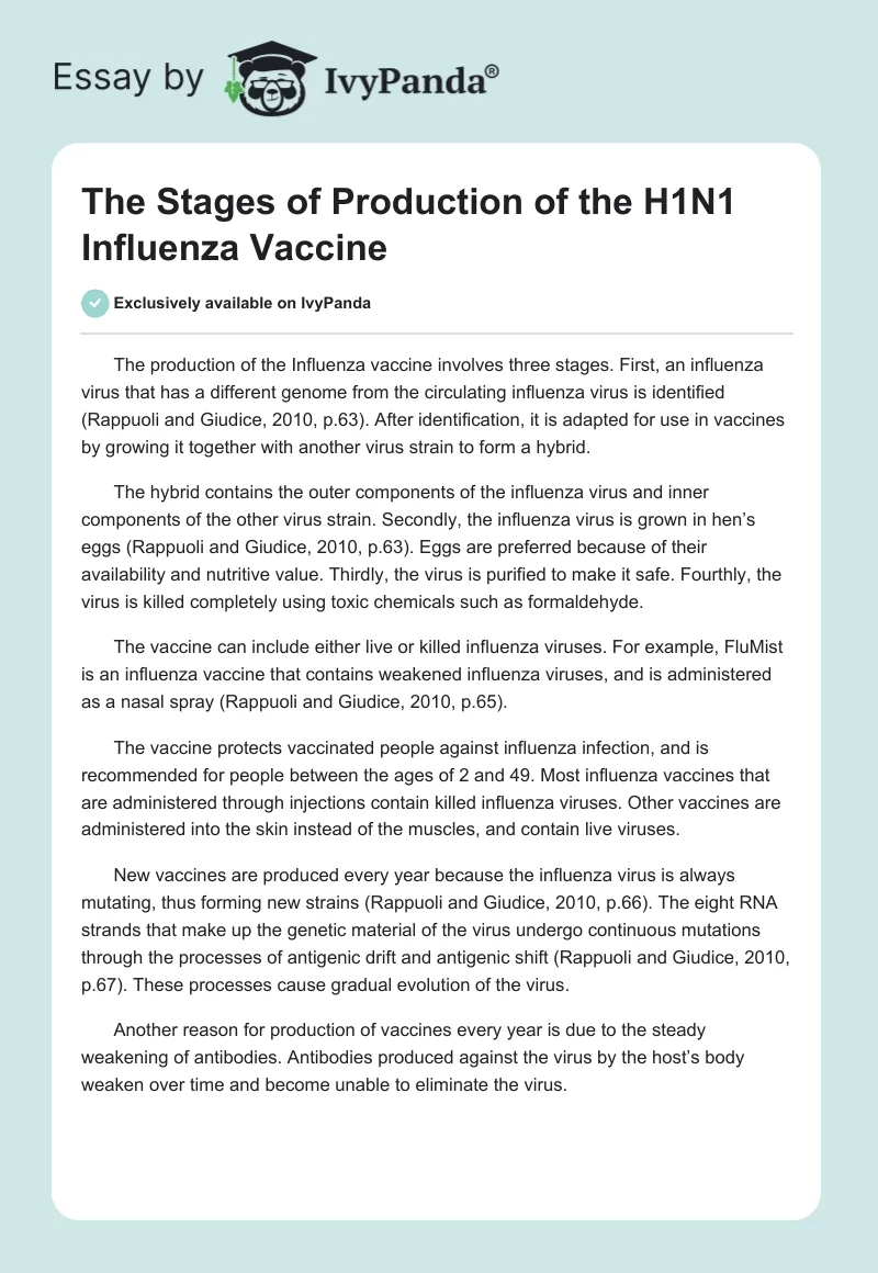 The Stages of Production of the H1N1 Influenza Vaccine. Page 1