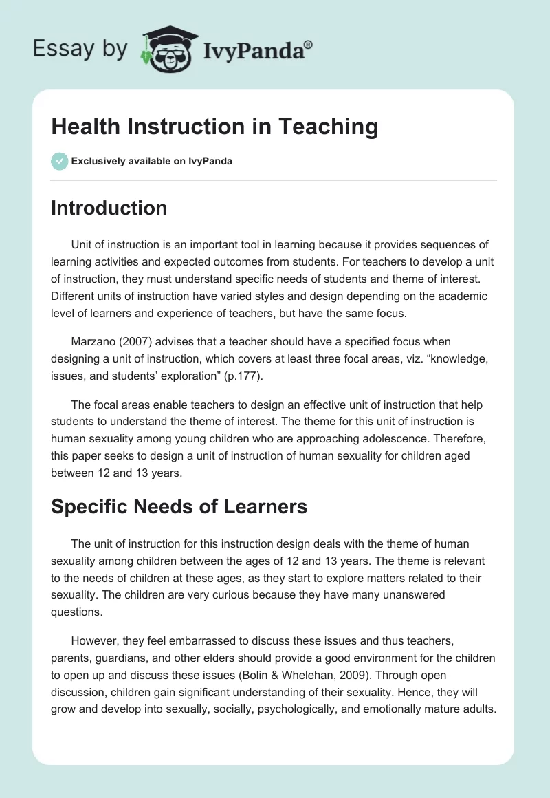 Health Instruction in Teaching. Page 1