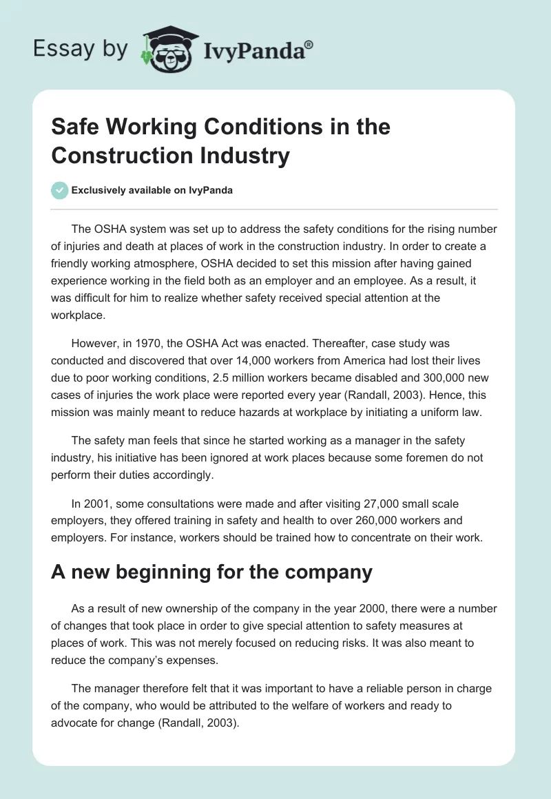 Safe Working Conditions in the Construction Industry. Page 1