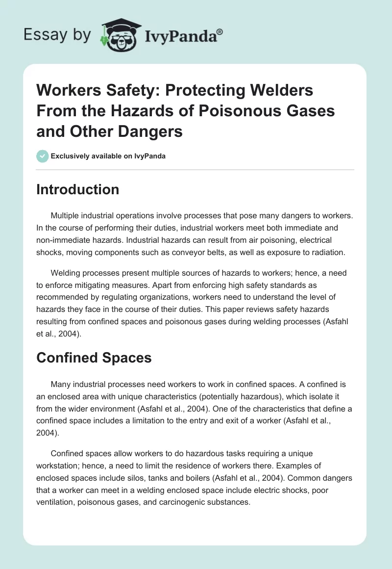 Workers Safety: Protecting Welders From the Hazards of Poisonous Gases and Other Dangers. Page 1