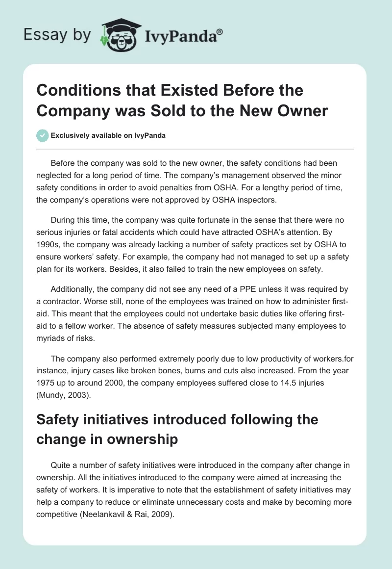 Conditions that Existed Before the Company was Sold to the New Owner. Page 1