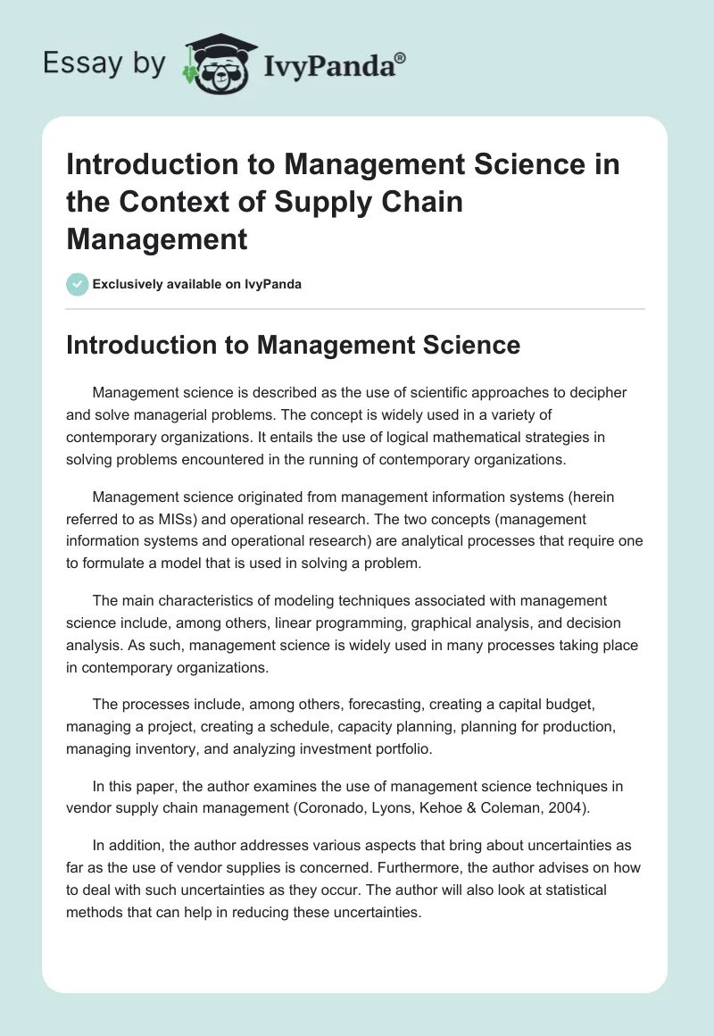 Introduction to Management Science in the Context of Supply Chain Management. Page 1