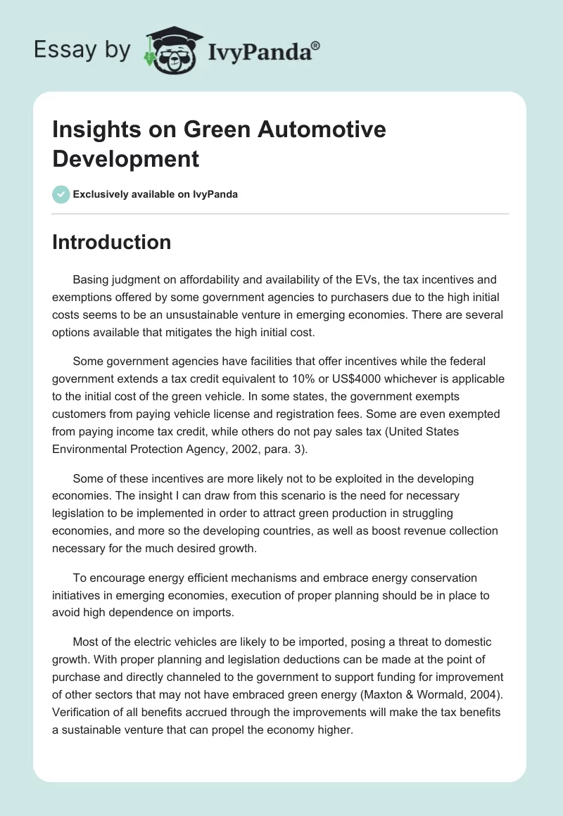 Insights on Green Automotive Development. Page 1