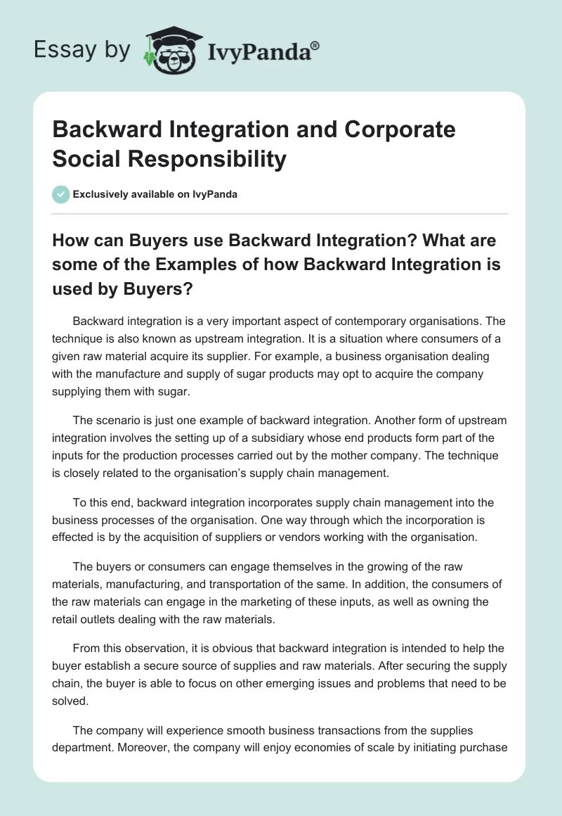 Backward Integration and Corporate Social Responsibility. Page 1