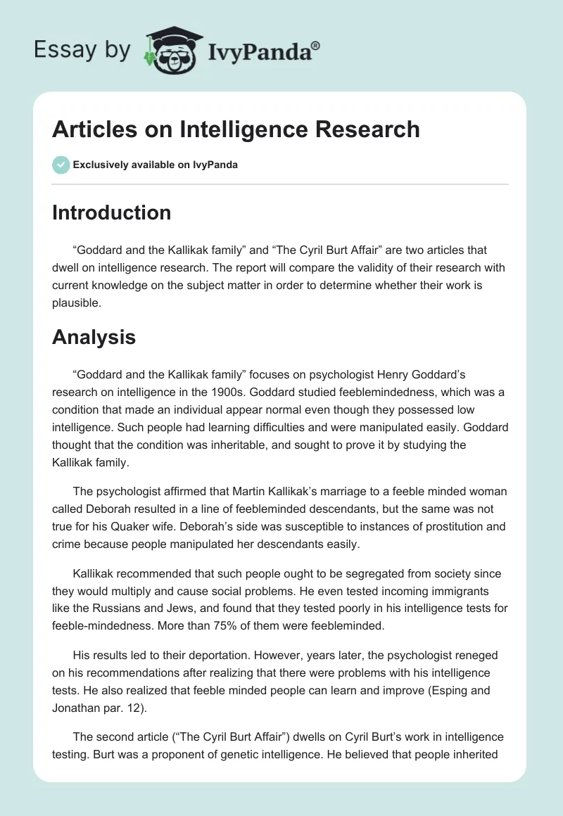 Articles on Intelligence Research. Page 1