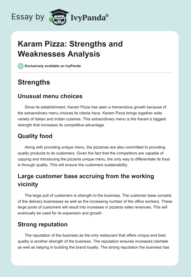 Karam Pizza: Strengths and Weaknesses Analysis. Page 1