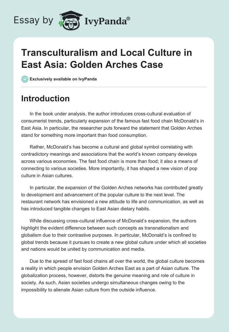 Transculturalism and Local Culture in East Asia: Golden Arches Case. Page 1