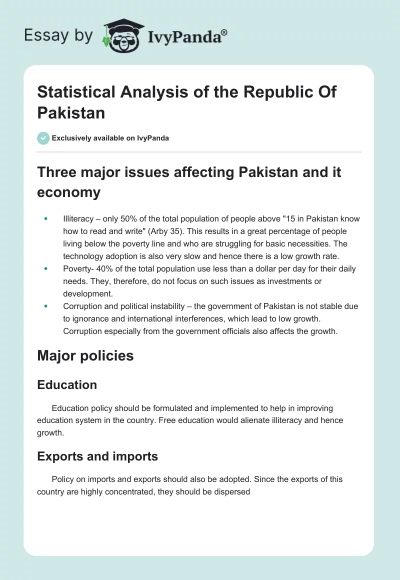 Statistical Analysis of the Republic Of Pakistan. Page 1