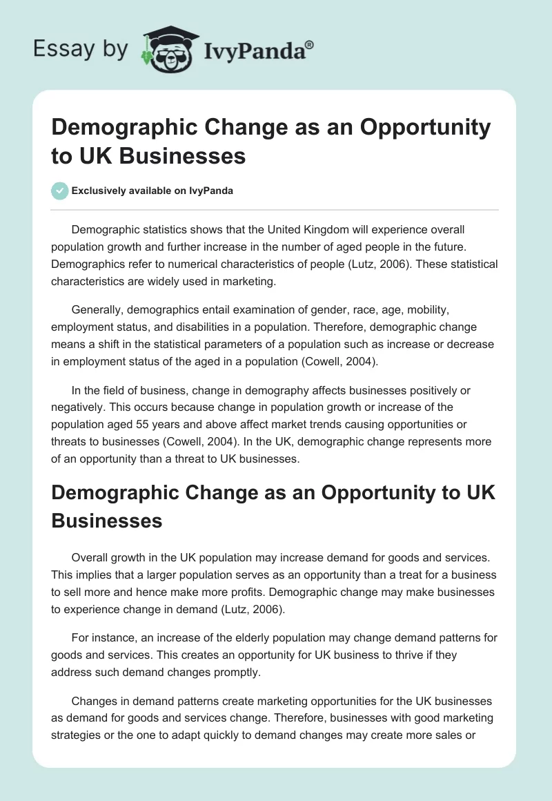 Demographic Change as an Opportunity to UK Businesses. Page 1