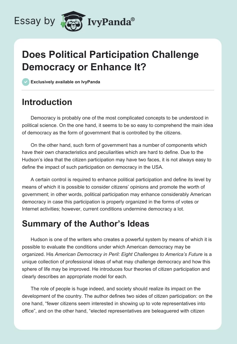 Does Political Participation Challenge Democracy or Enhance It?. Page 1