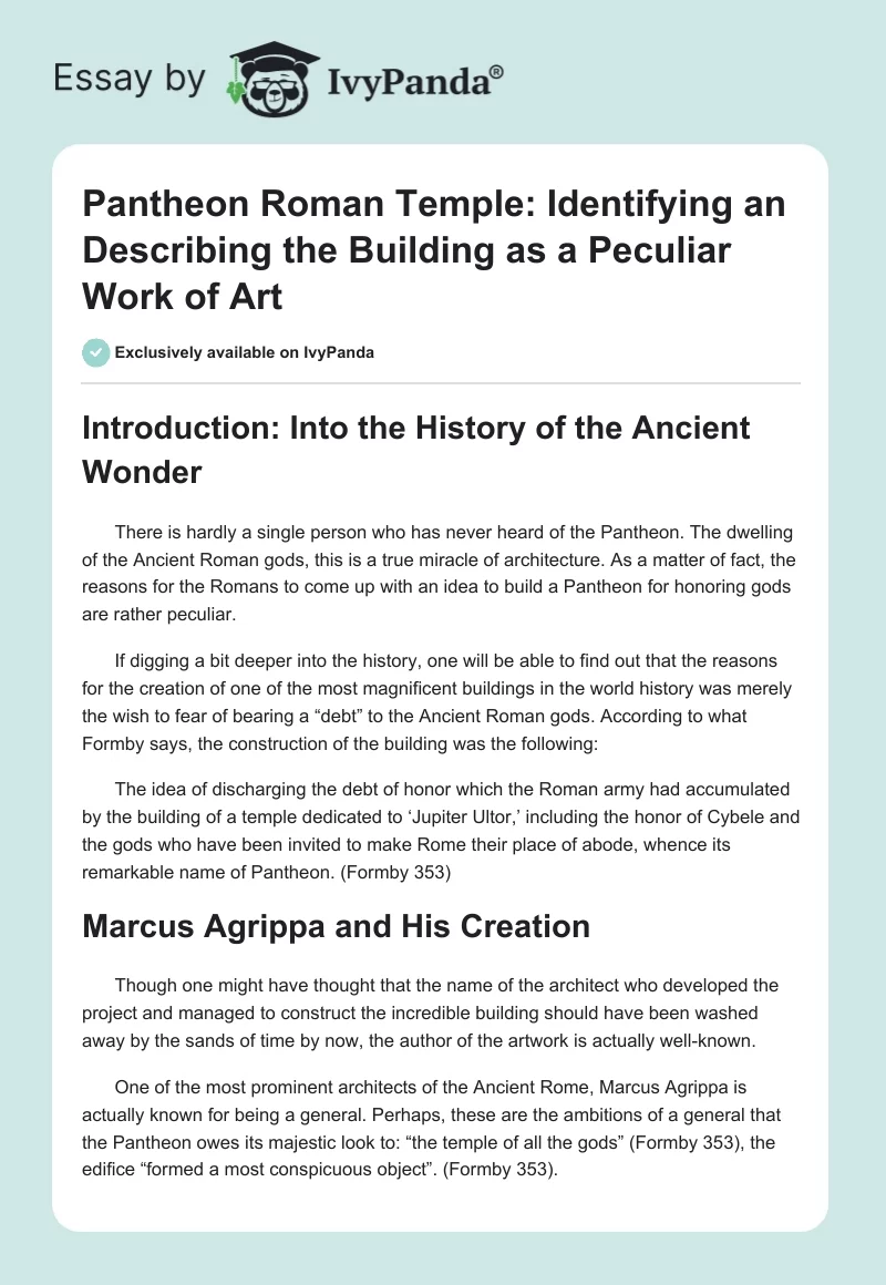 Pantheon Roman Temple: Identifying an Describing the Building as a Peculiar Work of Art. Page 1
