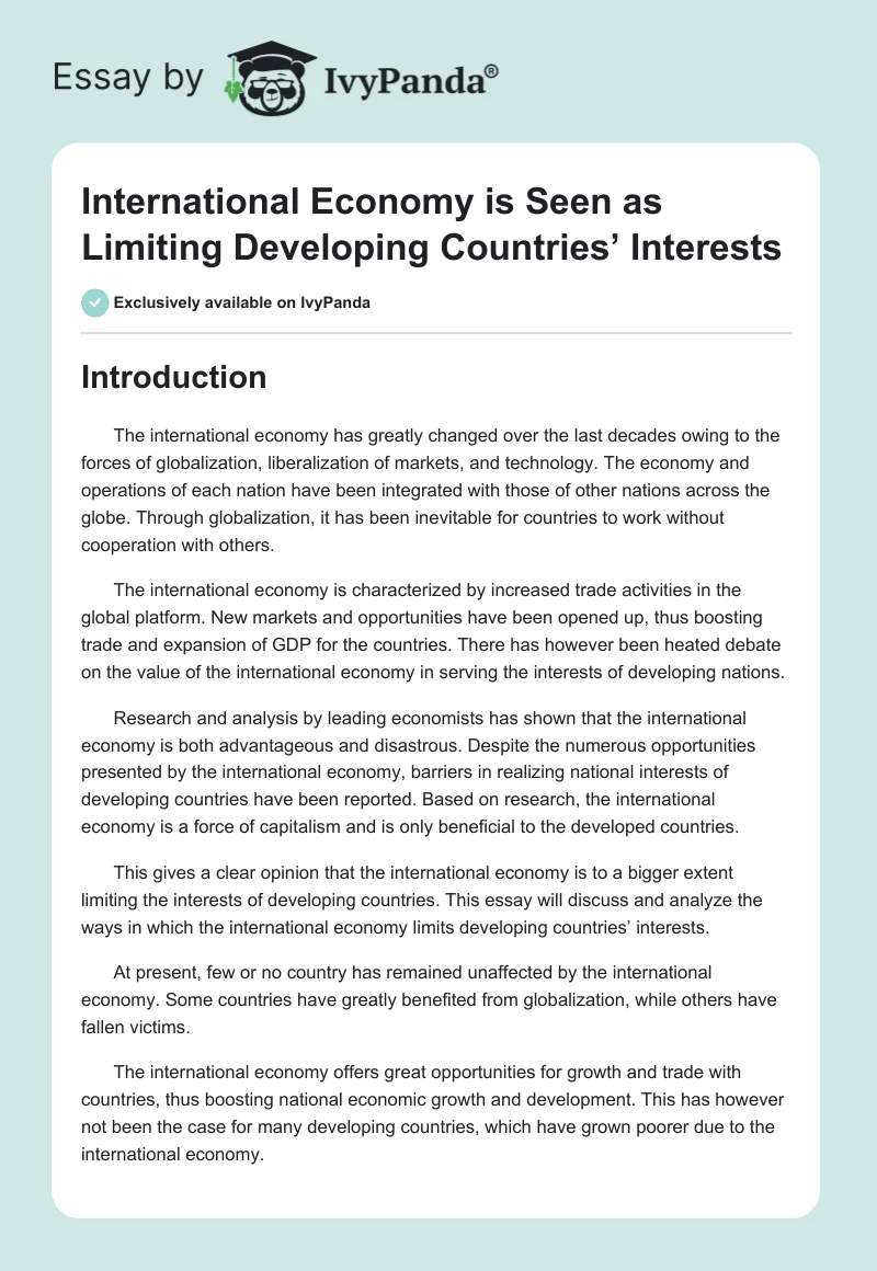 International Economy is Seen as Limiting Developing Countries’ Interests. Page 1