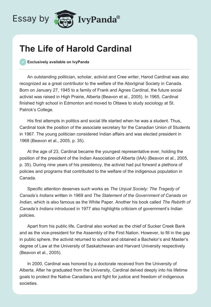 The Life of Harold Cardinal. Page 1