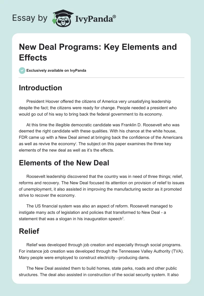 New Deal Programs: Key Elements and Effects. Page 1