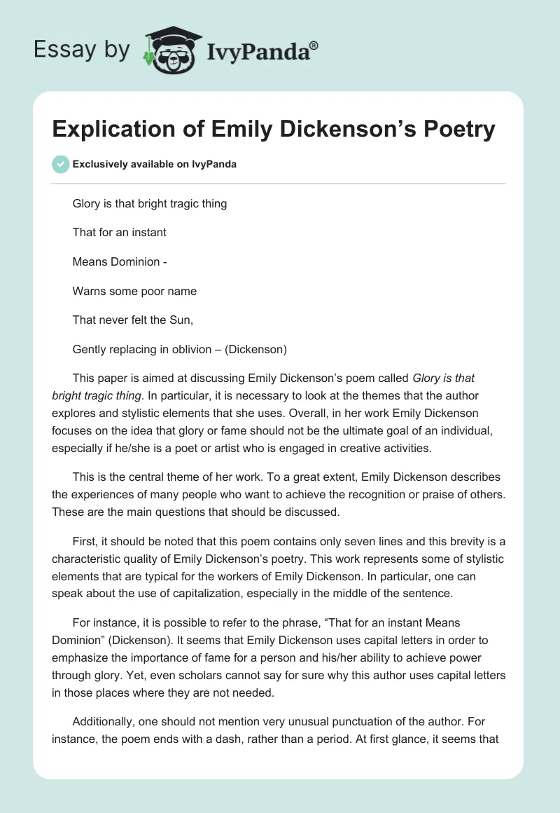 Explication of Emily Dickenson’s Poetry. Page 1