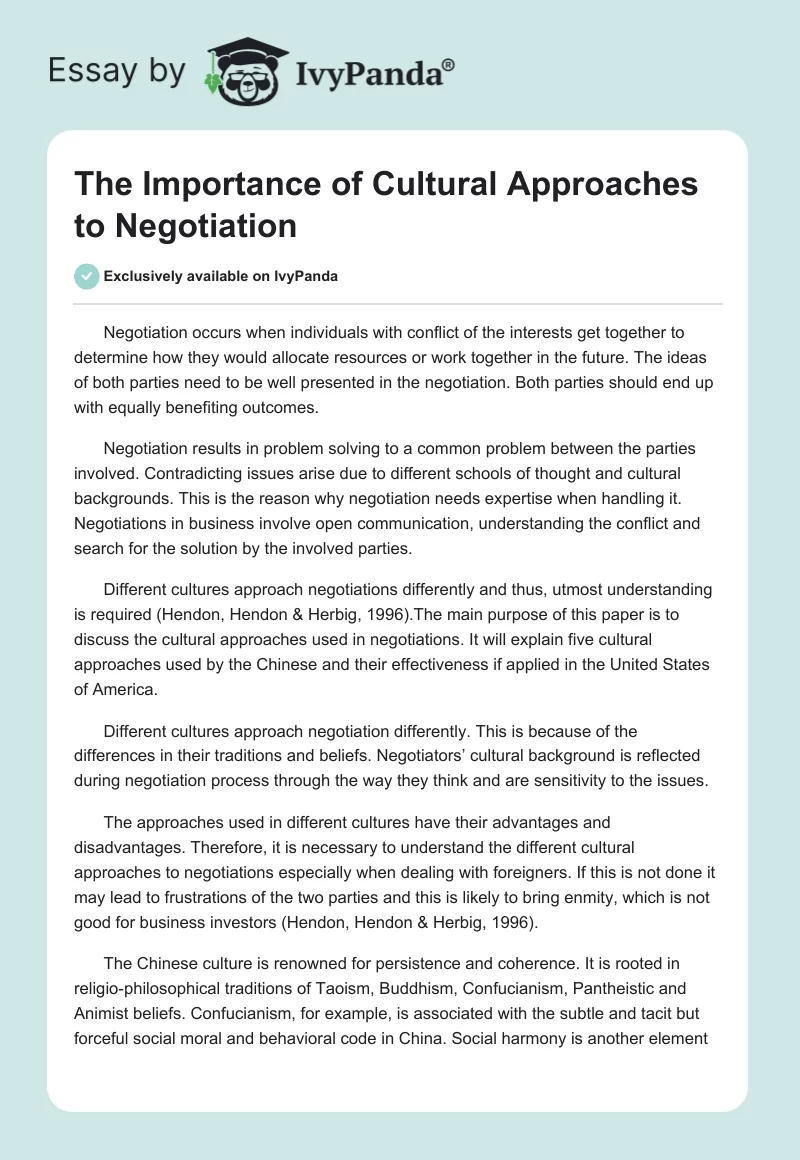 The Importance of Cultural Approaches to Negotiation. Page 1